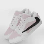 Pink suede reverse swoosh Jordan 1 Low custom sneakers, alternate angle