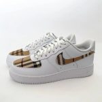 Burberry inspired custom Air Force 1 sneakers with check pattern swooshes and toe panels, side pair view