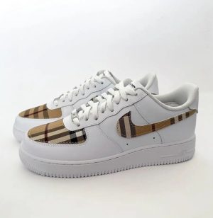 Burberry inspired custom Air Force 1 sneakers with check pattern swooshes and toe panels, side pair view