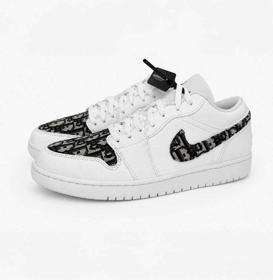 Custom Dior Jordan 1 Low White Black Monogram Main Image Custom Dior Jordan 1 Low white sneakers with black Dior inspired monogram toe panels and swooshes, main product image