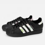 Custom Multi Color LV Black Superstar sneakers with black shell toes, black laces and white multicolor LV inspired side stripes, side pair view