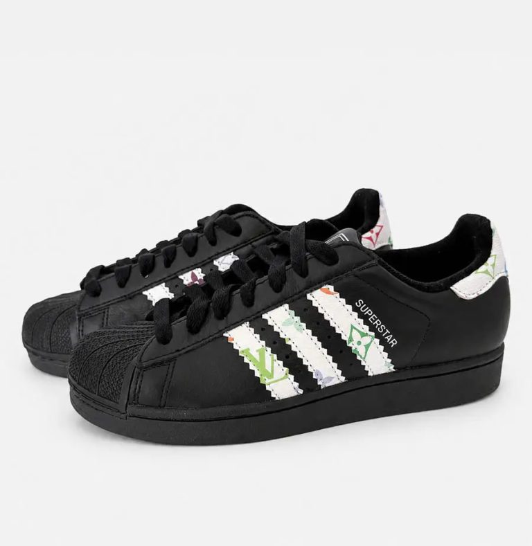 Custom Multi Color LV Black Superstar sneakers with black shell toes, black laces and white multicolor LV inspired side stripes, side pair view