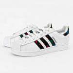 Custom Multi Color LV White Superstar sneakers with white leather, black multicolor LV inspired side stripes and heel tabs, main product image