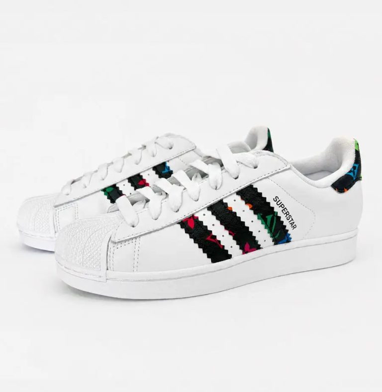 Custom Multi Color LV White Superstar sneakers with white leather, black multicolor LV inspired side stripes and heel tabs, main product image