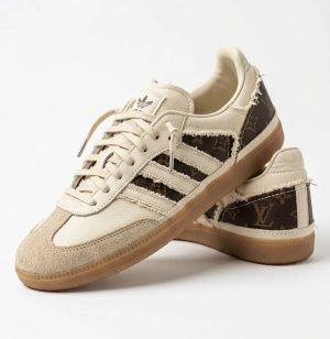 Distressed LV Adidas Samba close-up custom raw edge details